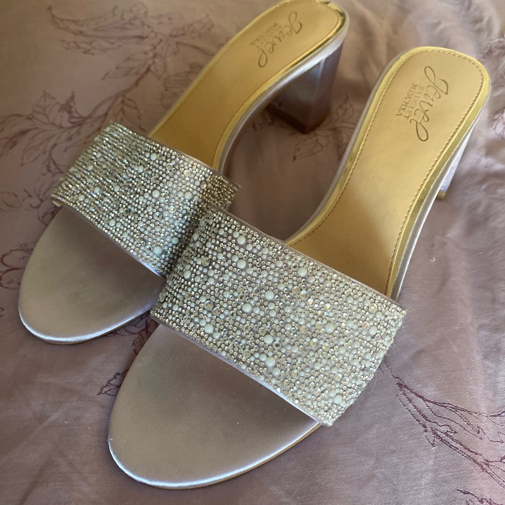Badgley Mishka Jewel Women's Pearl Rhinestone Purple Satin Slide Sandals Heels